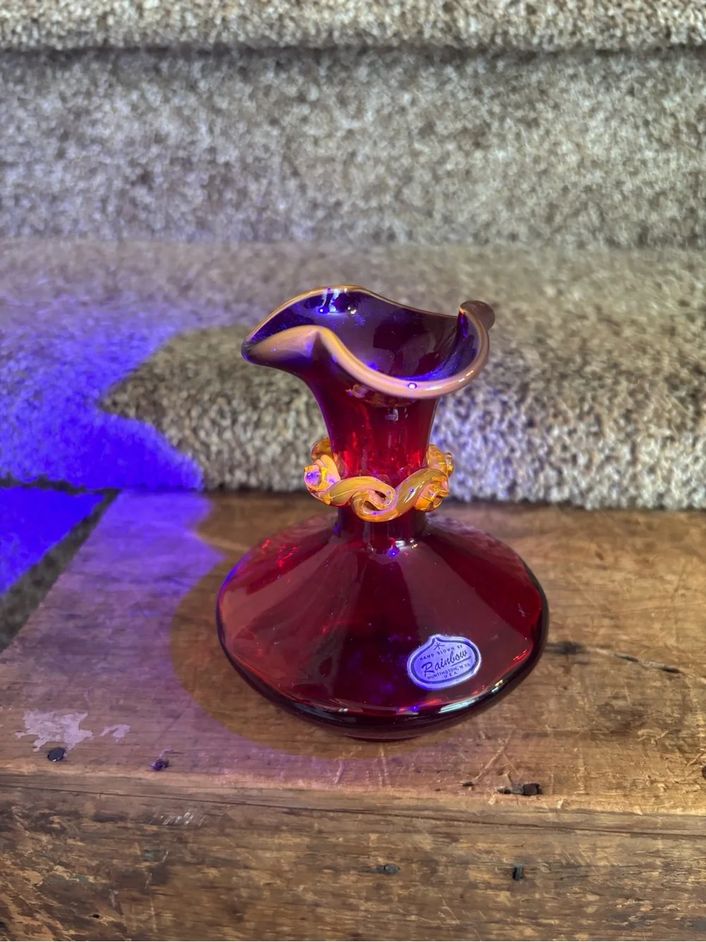 Rainbow Deep Ruby Red Glass Vase with Amber Twist